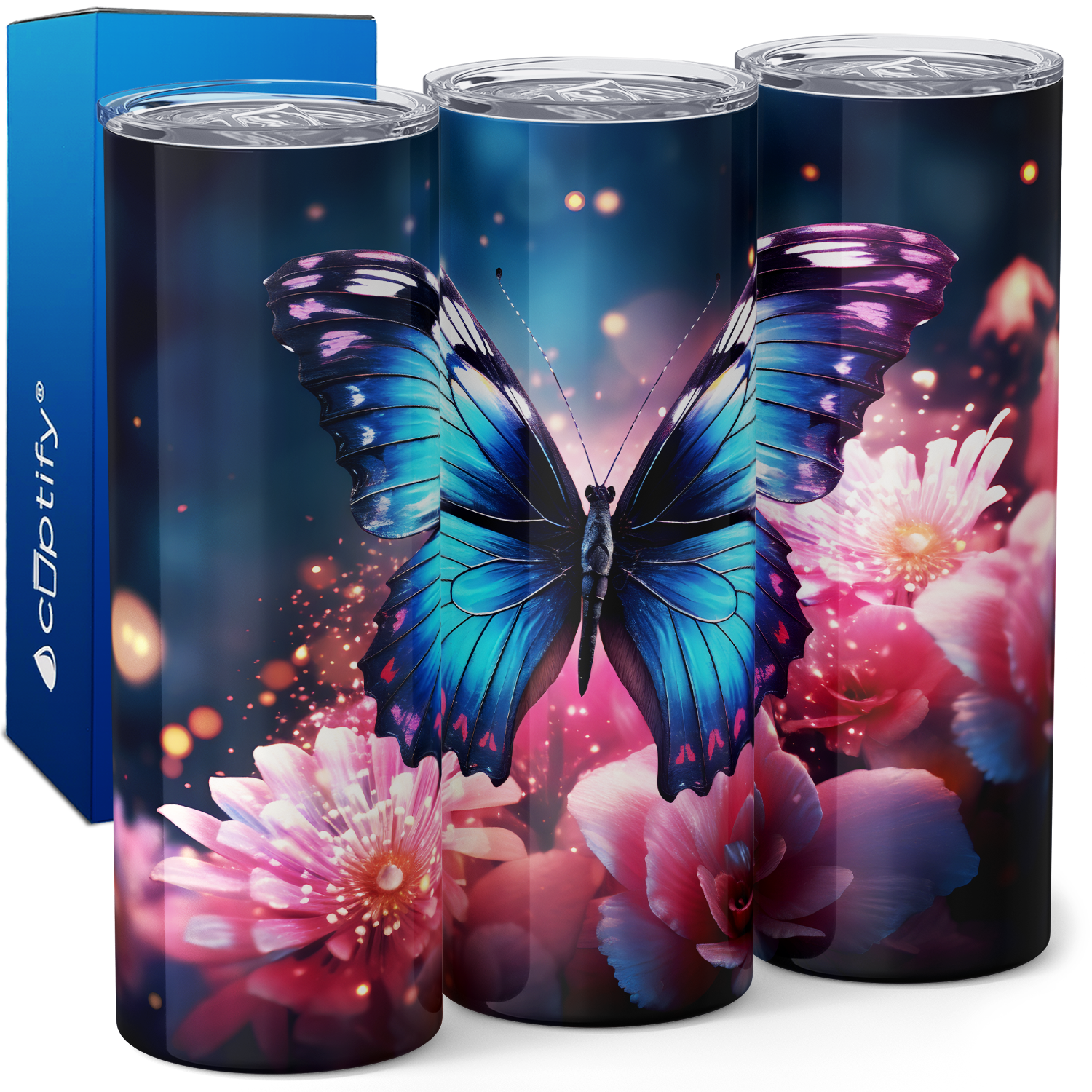 Blue Butterfly with Flower 20oz Skinny Tumbler
