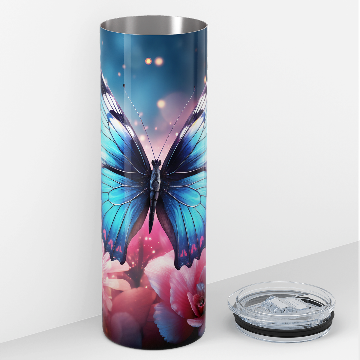 Blue Butterfly with Flower 20oz Skinny Tumbler