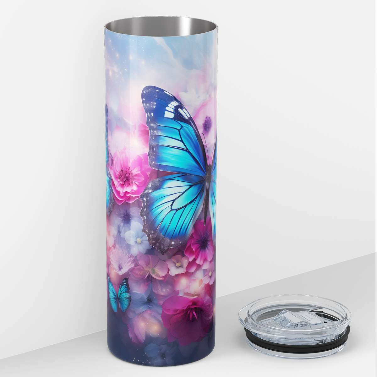 Blue Butterflies with Flowers 20oz Skinny Tumbler