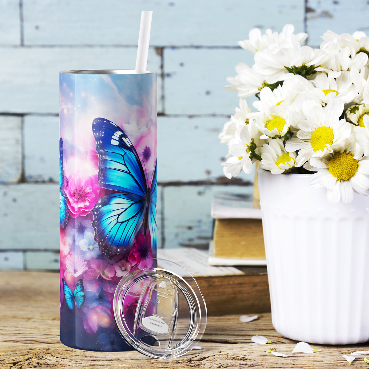 Blue Butterflies with Flowers 20oz Skinny Tumbler