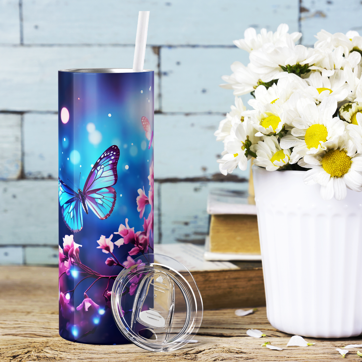 Flying Blue Butterfly with Flower 20oz Skinny Tumbler