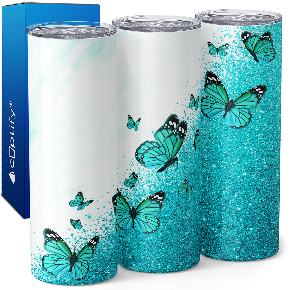 Light Blue Butterfly Glitters 20oz Skinny Tumbler