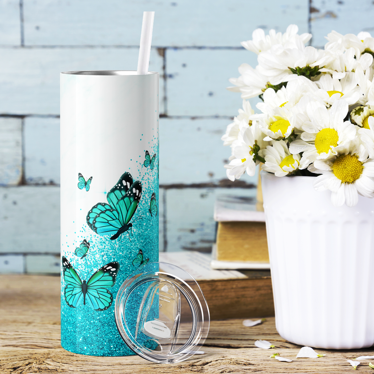 Light Blue Butterfly Glitters 20oz Skinny Tumbler