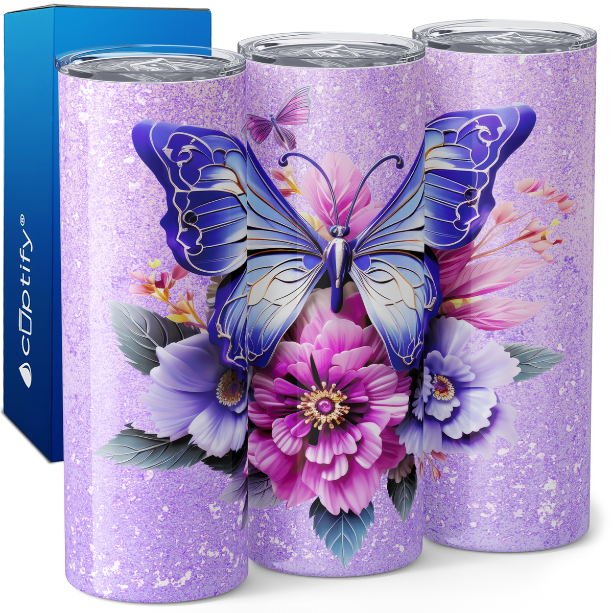 Purple Butterfly with Flowers 20oz Skinny Tumbler
