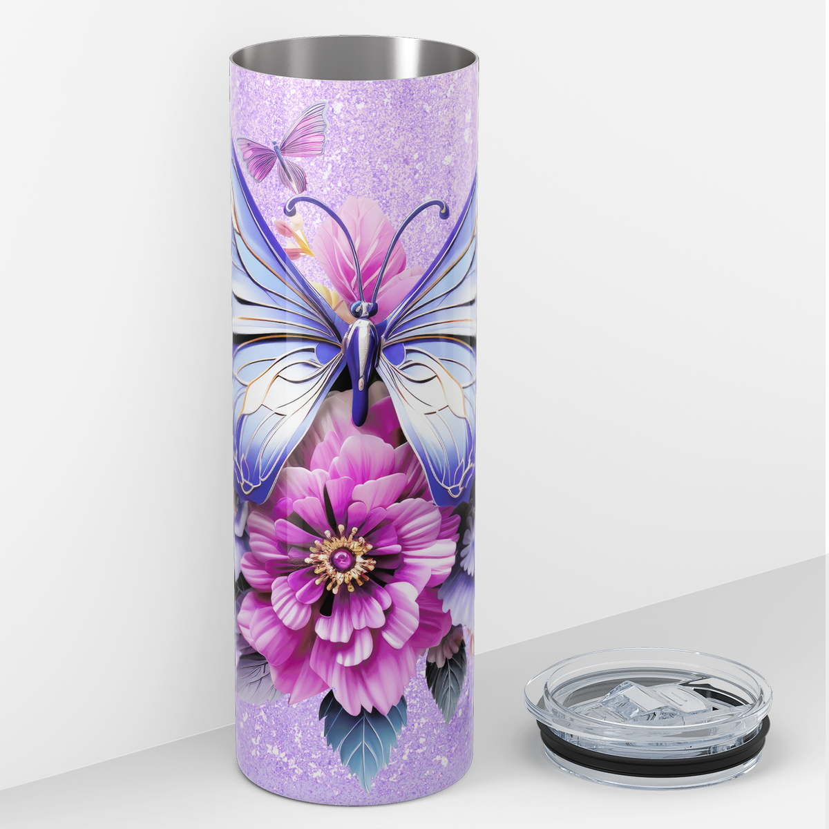 Purple Butterfly with Flowers 20oz Skinny Tumbler