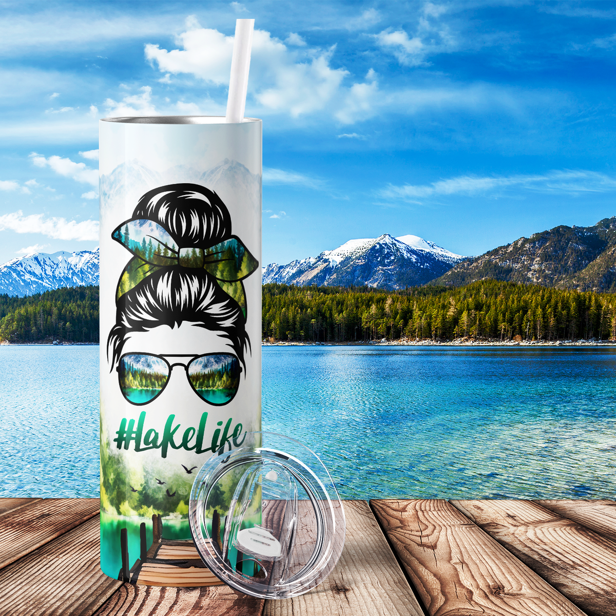 Lake Life Messy Hair Bun 20oz Skinny Tumbler