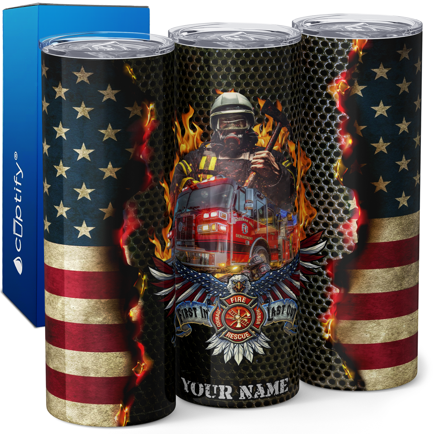 Personalized First in Last Out American Flag 20oz Skinny Tumbler