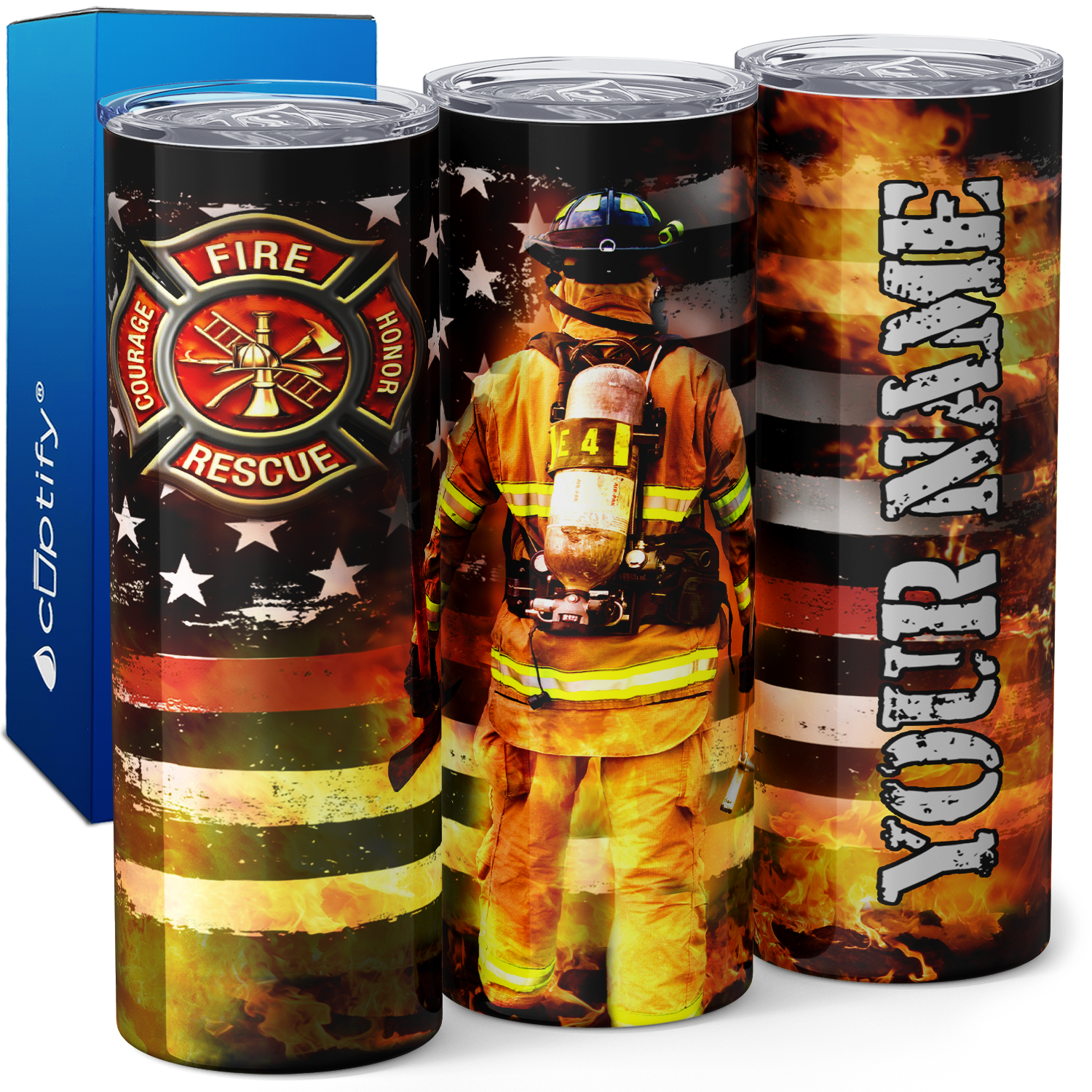 Personalized American Flag with Firefighter and Badge 20oz Skinny Tumbler