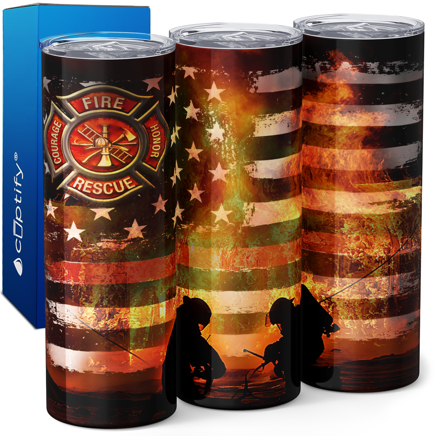 Firefighters Working on American Flag 20oz Skinny Tumbler