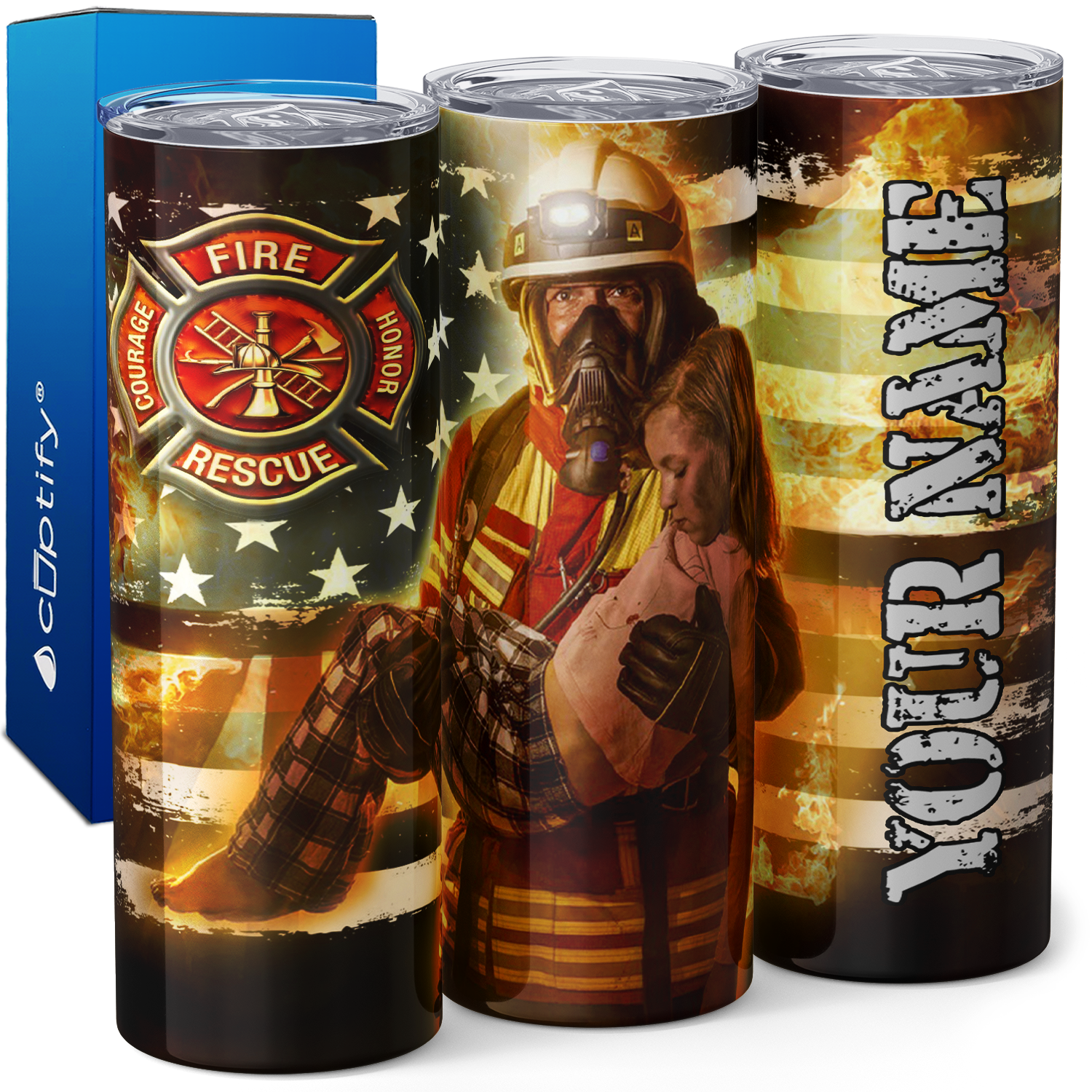 Personalized American Flag Firefighter Rescue 20oz Skinny Tumbler