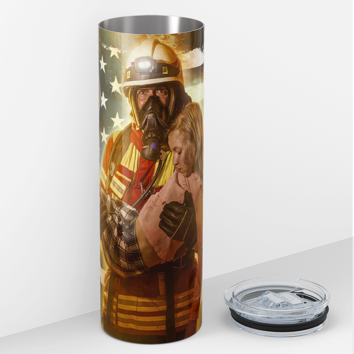 Personalized American Flag Firefighter Rescue 20oz Skinny Tumbler