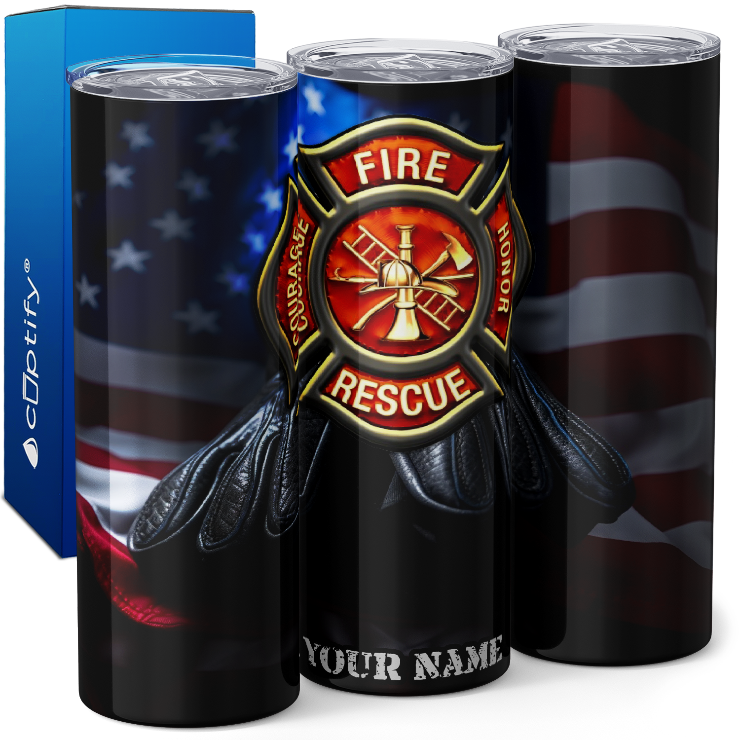 Personalized Firefighter Badge with American Flag Background 20oz Skinny Tumbler