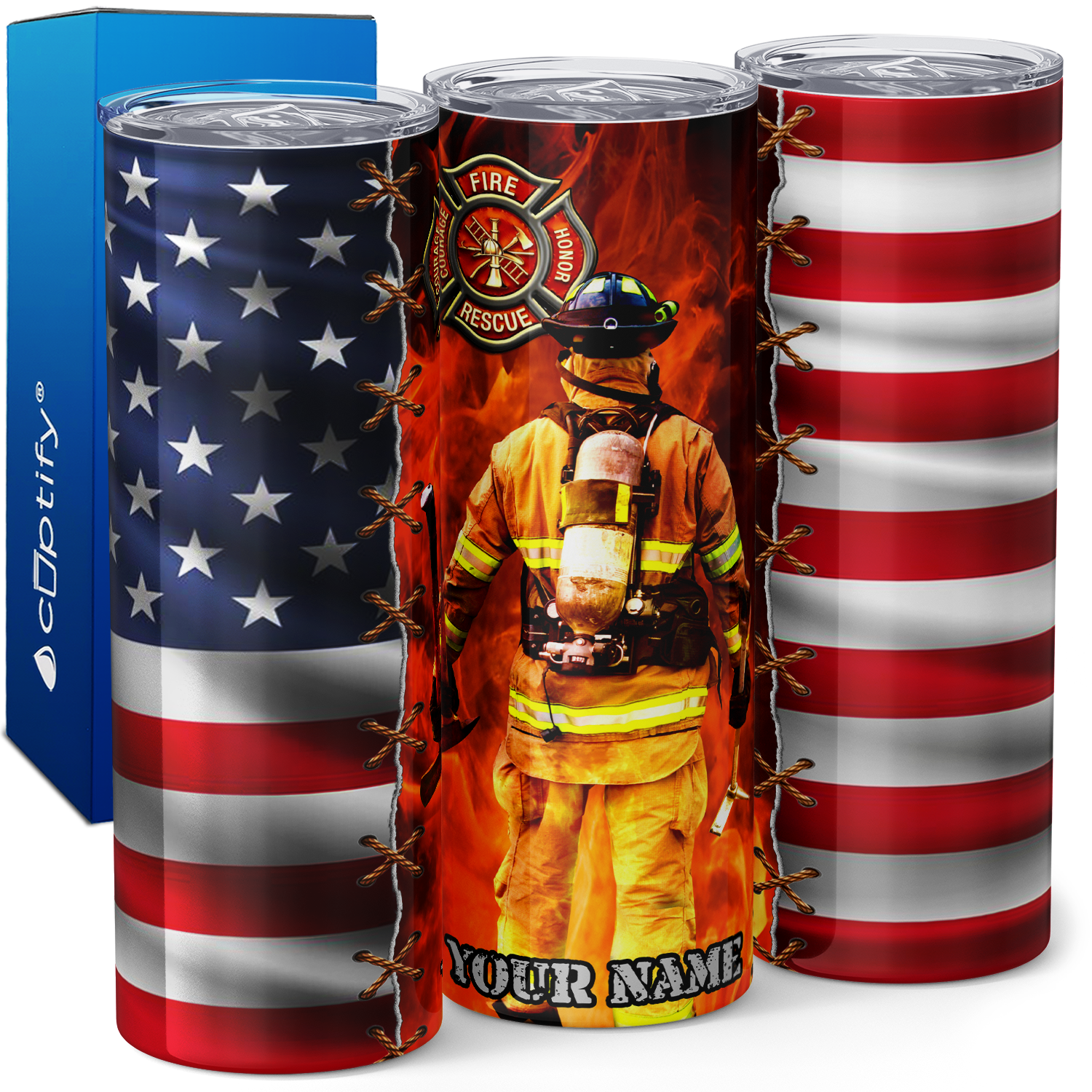 Personalized Split American Flag with Firefighter 20oz Skinny Tumbler