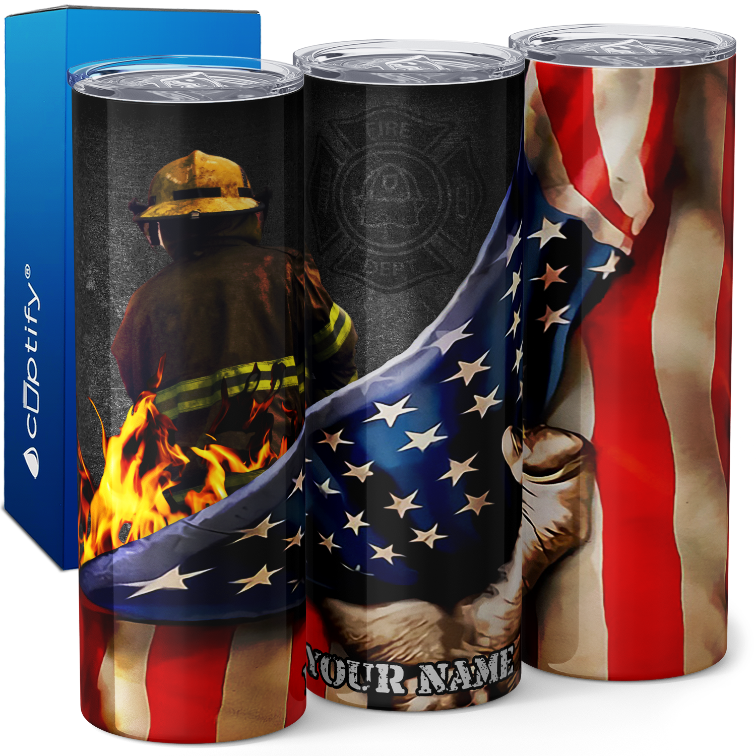 Personalized Firefighter Hand with American Flag 20oz Skinny Tumbler