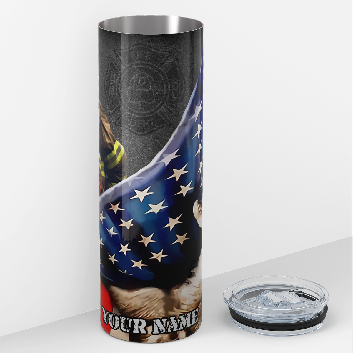 Personalized Firefighter Hand with American Flag 20oz Skinny Tumbler