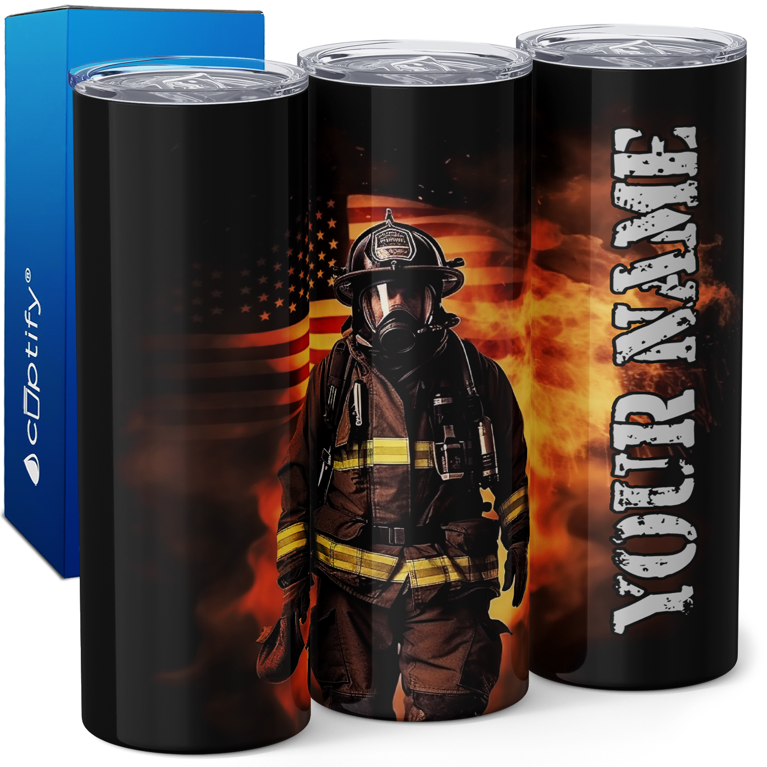 Personalized Firefighter with Flag Fire Background 20oz Skinny Tumbler