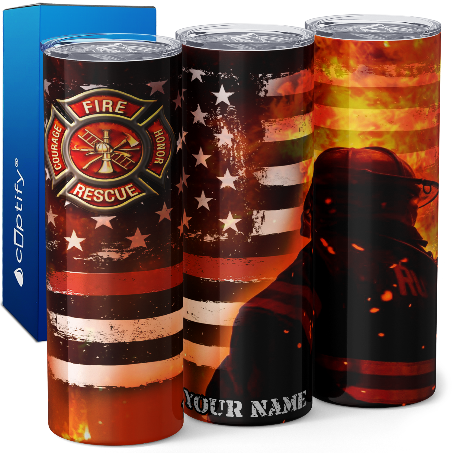 Personalized Firefighter Back with Flag 20oz Skinny Tumbler