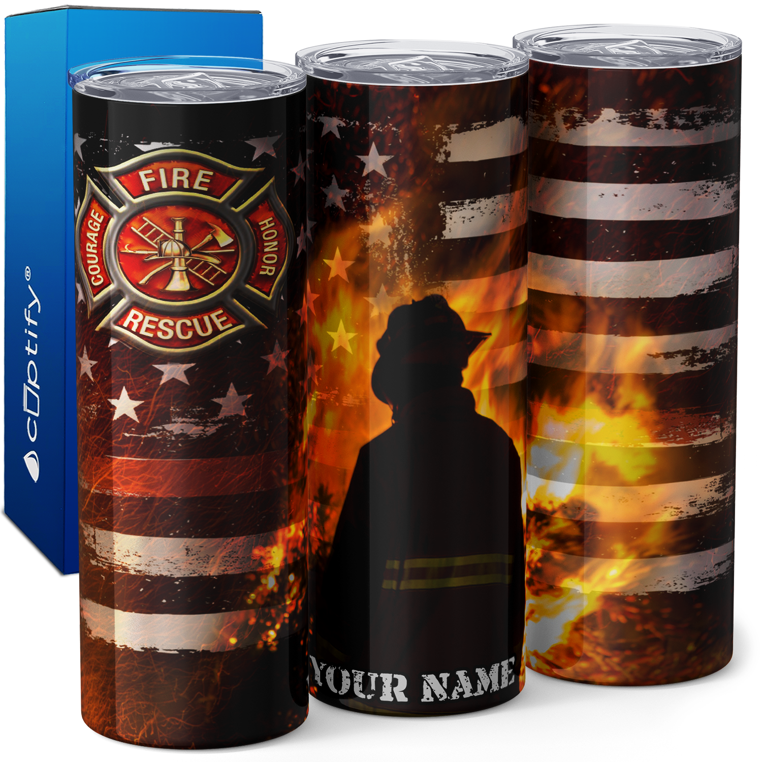 Personalized Firefighter Back with Flag and Fire 20oz Skinny Tumbler