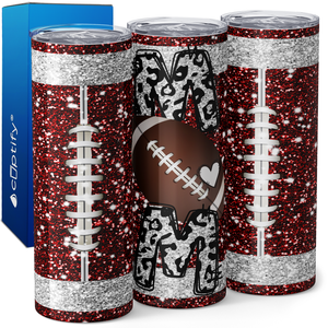 Football Mom on White Leopard Glitter 20oz Skinny Tumbler