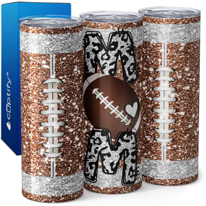 Football Mom on White Leopard Glitter 20oz Skinny Tumbler