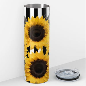 Sunflowers Black and White Stripes 20oz Skinny Tumbler