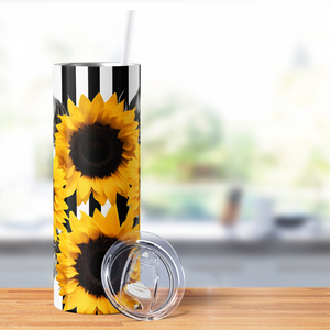 Sunflowers Black and White Stripes 20oz Skinny Tumbler