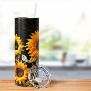Sunflowers on Black Gold Dots 20oz Skinny Tumbler