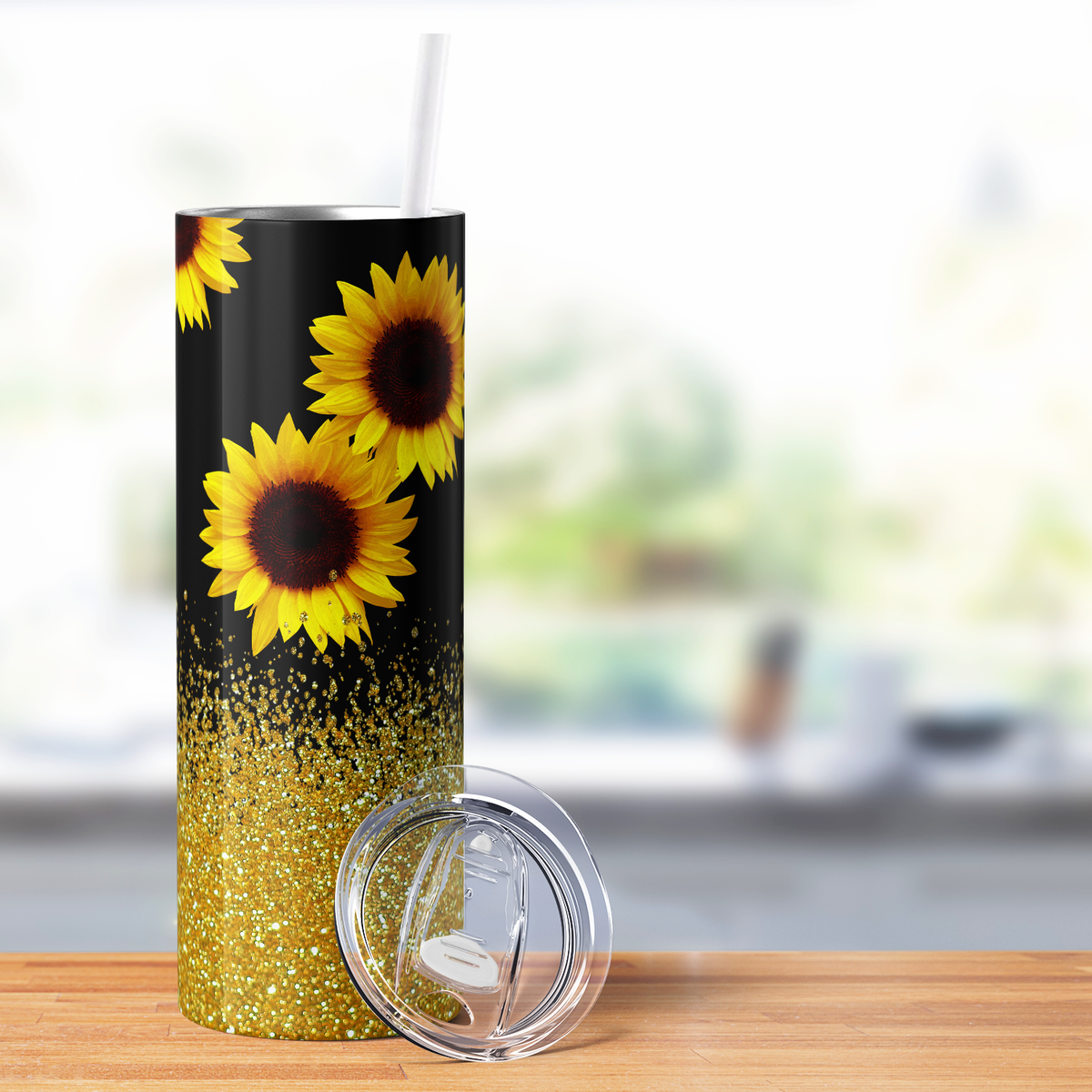 Sunflowers on Black with Gold Glitters 20oz Skinny Tumbler