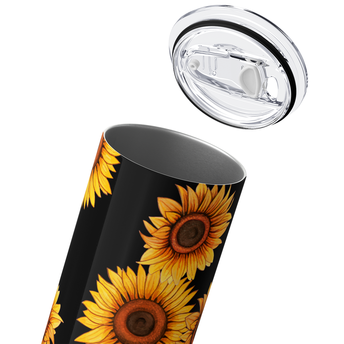 Sunflowers on Black with Leopard Print Glitters 20oz Skinny Tumbler