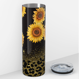 Sunflowers on Black with Leopard Print Glitters 20oz Skinny Tumbler