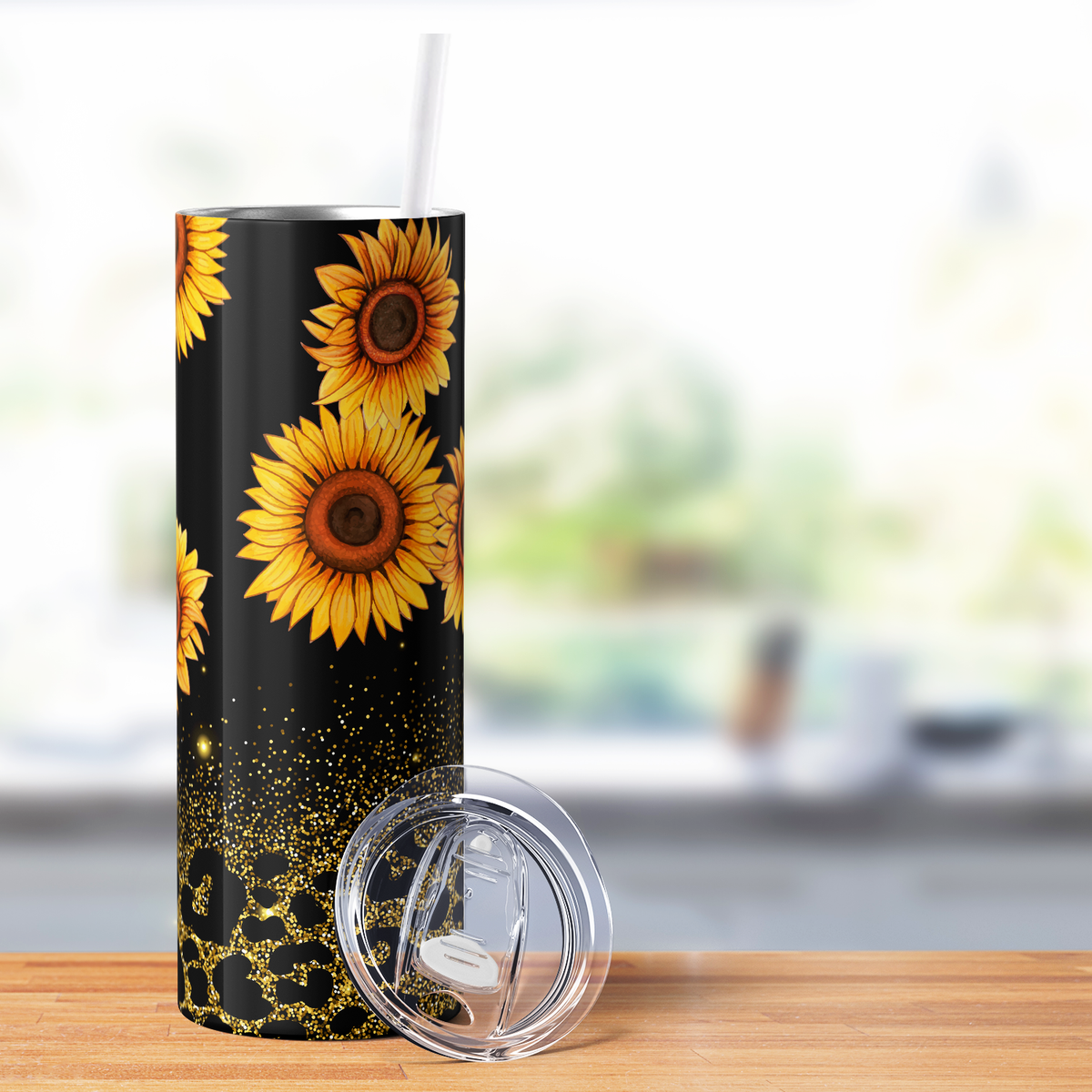 Sunflowers on Black with Leopard Print Glitters 20oz Skinny Tumbler