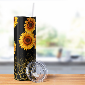 Sunflowers on Black with Leopard Print Glitters 20oz Skinny Tumbler