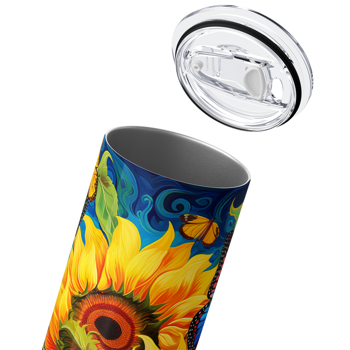Sunflowers with Butterflies in Blue Abstract 20oz Skinny Tumbler