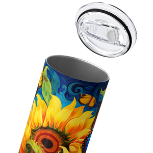 Sunflowers with Butterflies in Blue Abstract 20oz Skinny Tumbler