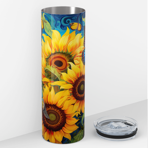 Sunflowers with Butterflies in Blue Abstract 20oz Skinny Tumbler