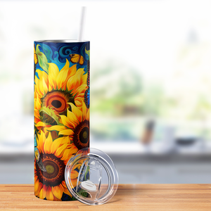 Sunflowers with Butterflies in Blue Abstract 20oz Skinny Tumbler