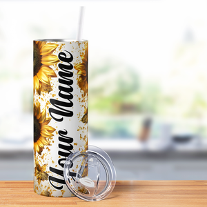 Personalized Sunflowers with Gold Dust 20oz Skinny Tumbler