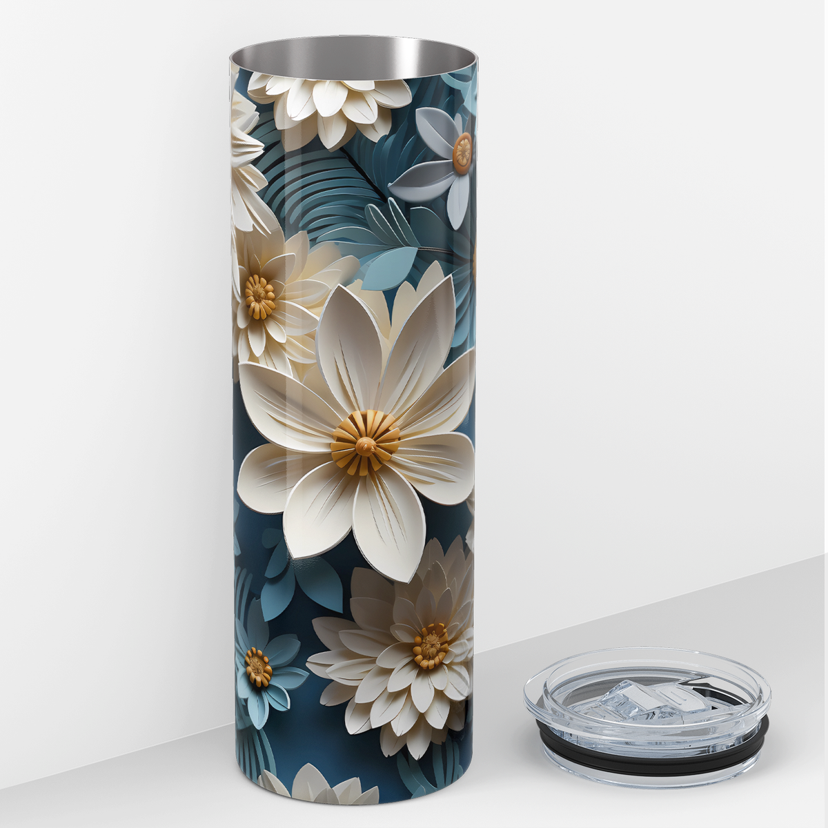 White and Blue Sunflowers 20oz Skinny Tumbler