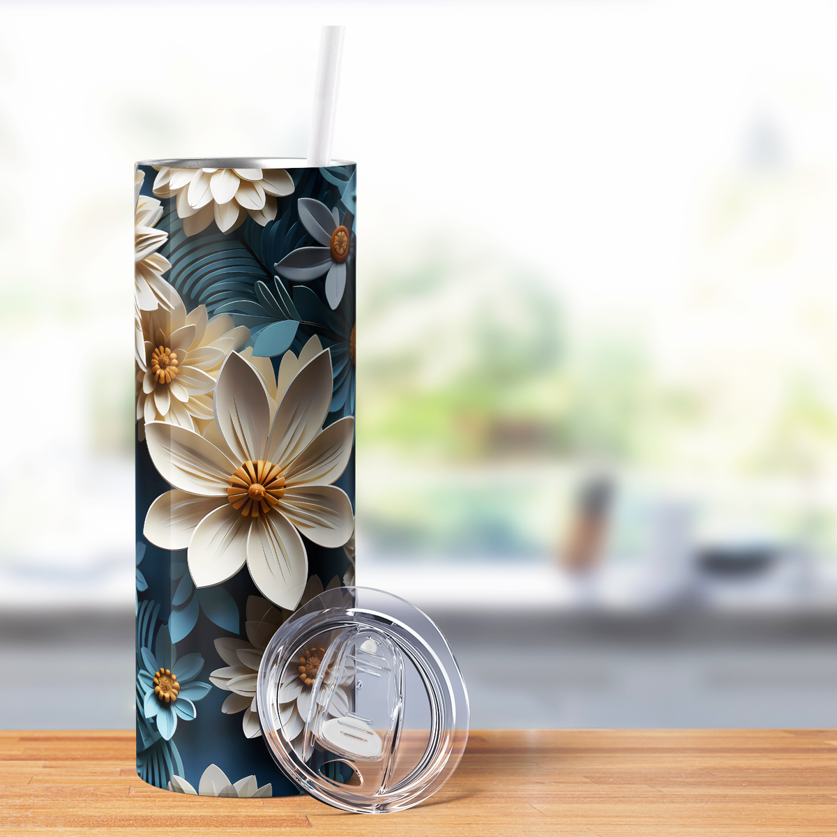 White and Blue Sunflowers 20oz Skinny Tumbler