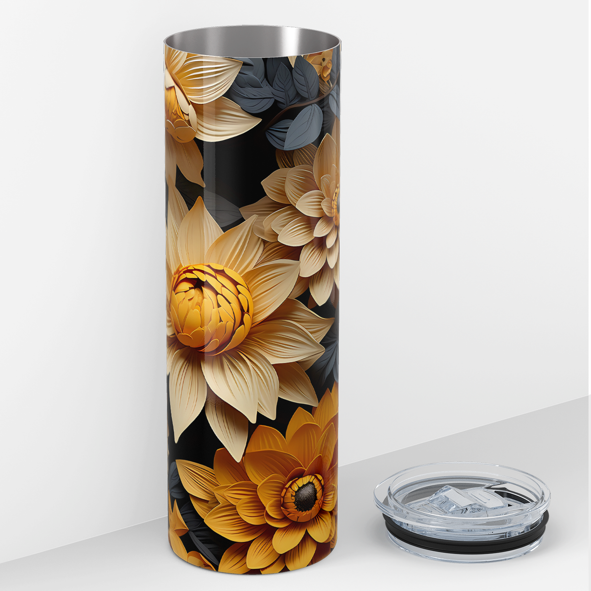 Yellow Sunflowers Black Leaves 20oz Skinny Tumbler