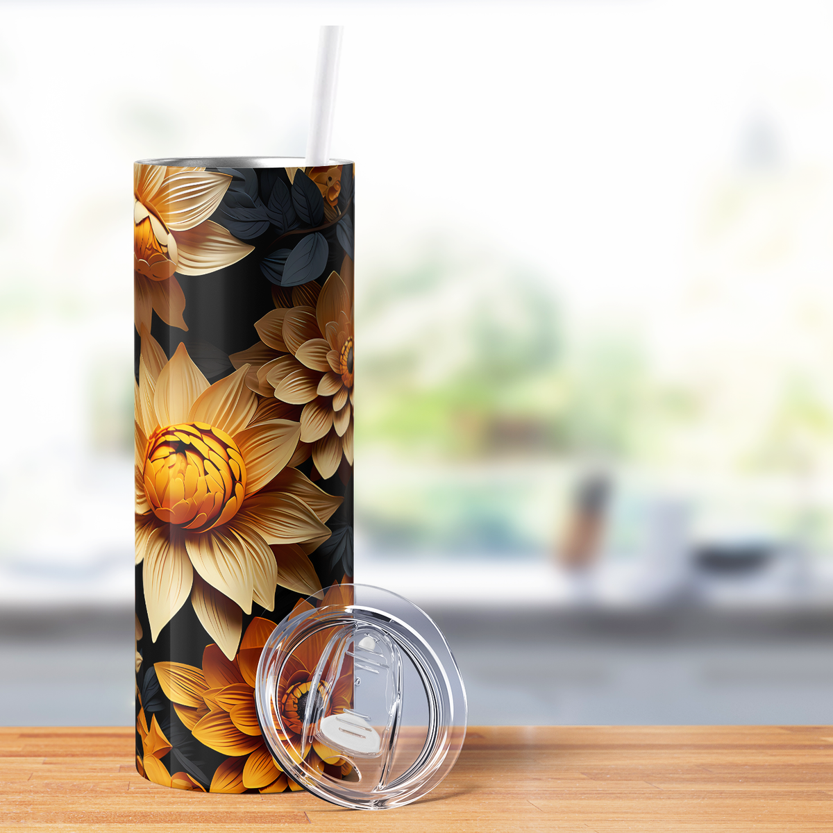Yellow Sunflowers Black Leaves 20oz Skinny Tumbler