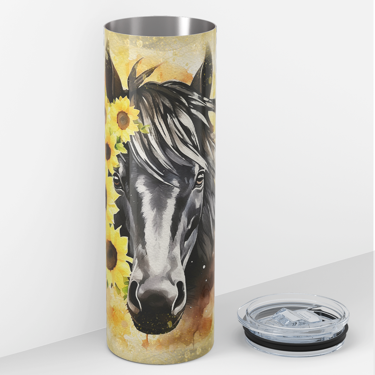 Black Horse with Sunflowers 20oz Skinny Tumbler