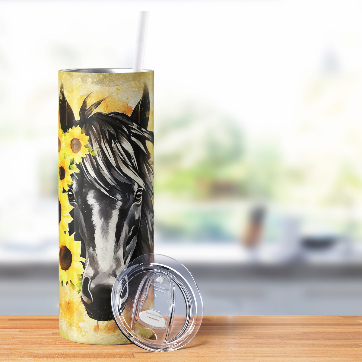Black Horse with Sunflowers 20oz Skinny Tumbler