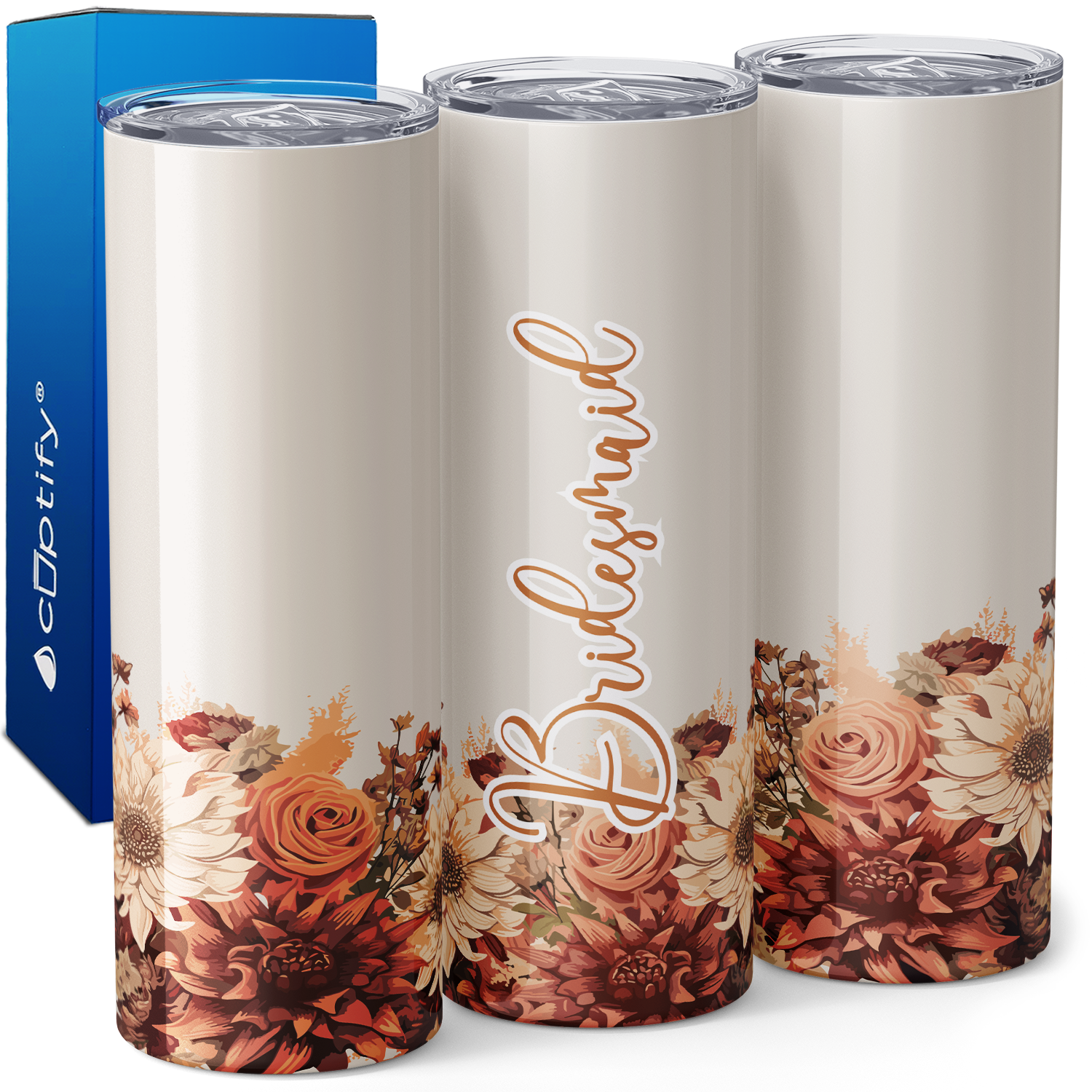 Bridesmaid on Beige Warm Flowers 20oz Skinny Tumbler