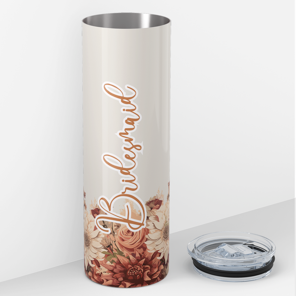 Bridesmaid on Beige Warm Flowers 20oz Skinny Tumbler