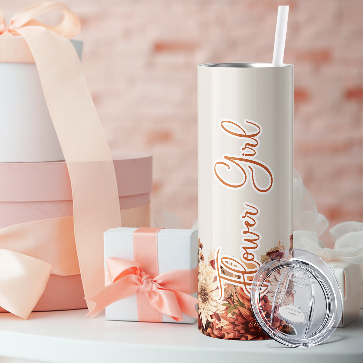 Flower Girl on Beige Warm Flowers 20oz Skinny Tumbler
