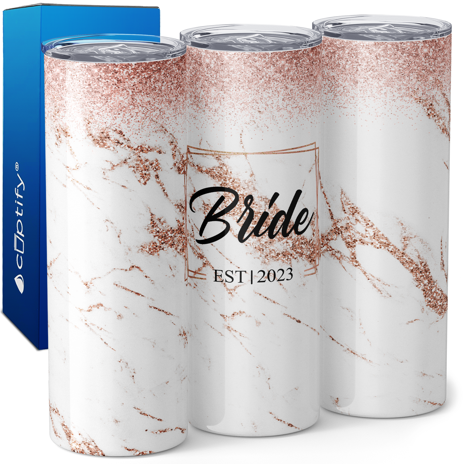 Personalized EST Year Bride on Rose Gold Glitters 20oz Skinny Tumbler