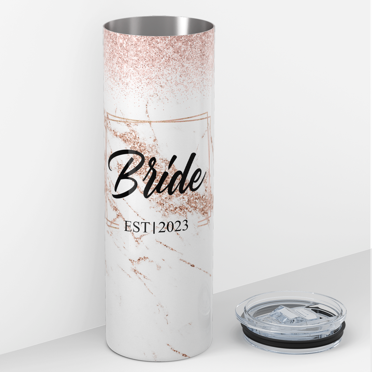 Personalized EST Year Bride on Rose Gold Glitters 20oz Skinny Tumbler