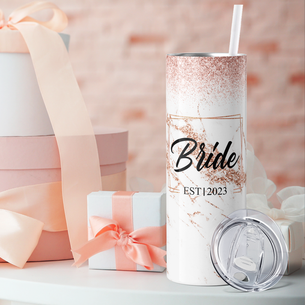Personalized EST Year Bride on Rose Gold Glitters 20oz Skinny Tumbler