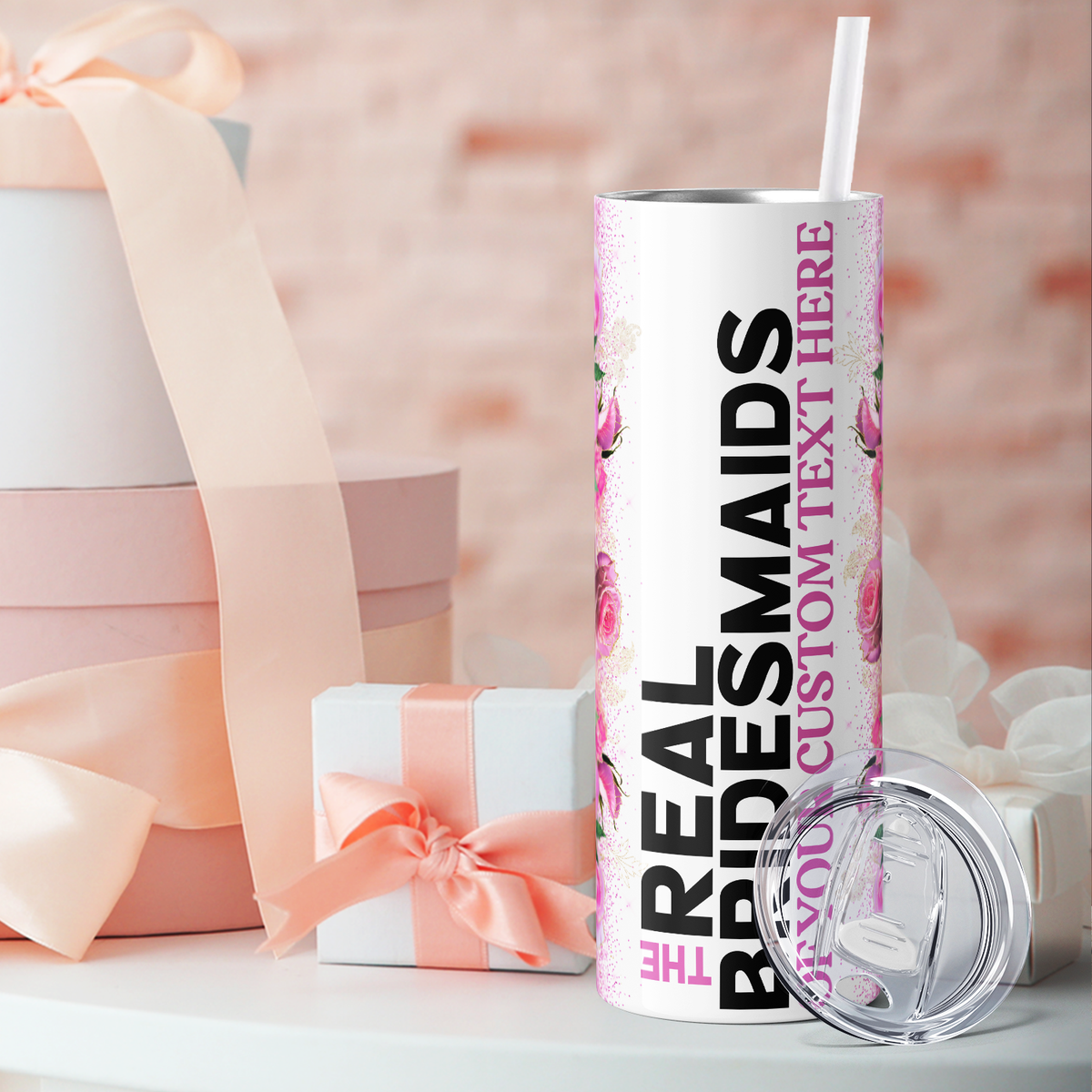 Personalized Real Bridesmaids Pink Floral 20oz Skinny Tumbler